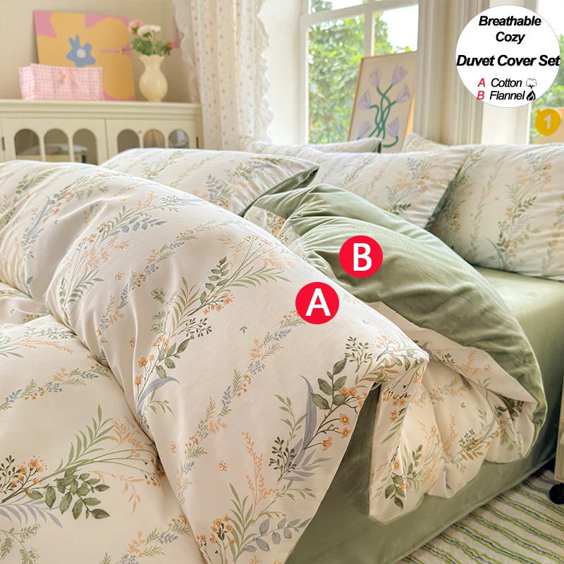 Juego de cama Juego de funda nórdica: 1 funda nórdica (lado A de algodón, lado B de franela) + 2 fundas de almohada - Doble comodidad para uso diario