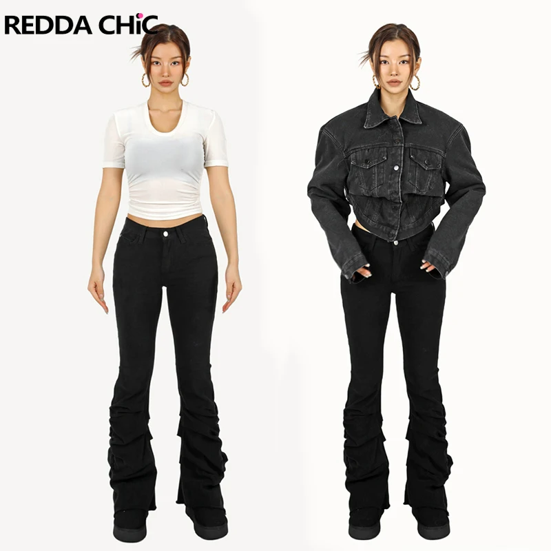 

ReddaChic Retro Black Shirring Flare Jeans for Women High Waist Skinny Stacked Bootcut Pants Plain Casual Korean Y2k Streetwear