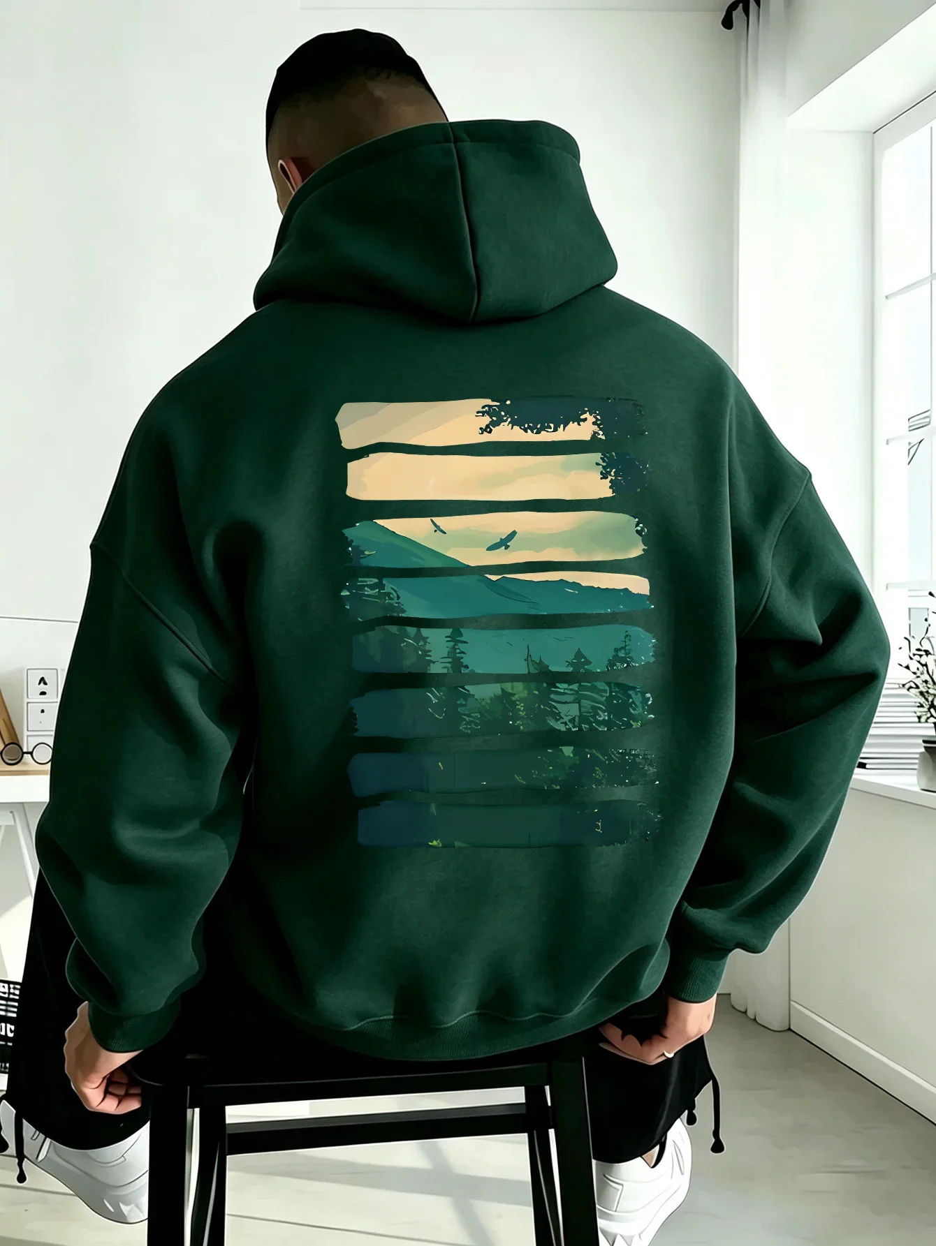 Men Vintage Nature Art Hoodie Torn Strip Mountain Forest Landscape Back Print Hooded Sweatshirt Loose Fleece Hoodie