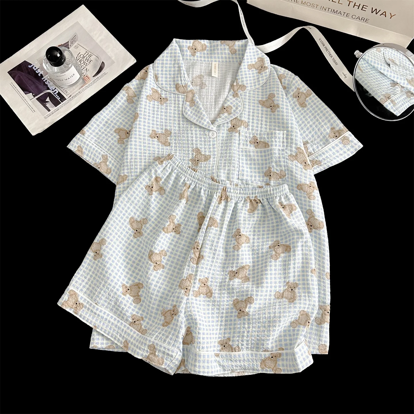 

Lightweight ort Sve ort Pants Spwear for Women Summer Bubble Wrinkle Cartoon Cute Open Cardigan Small Collar Home C...