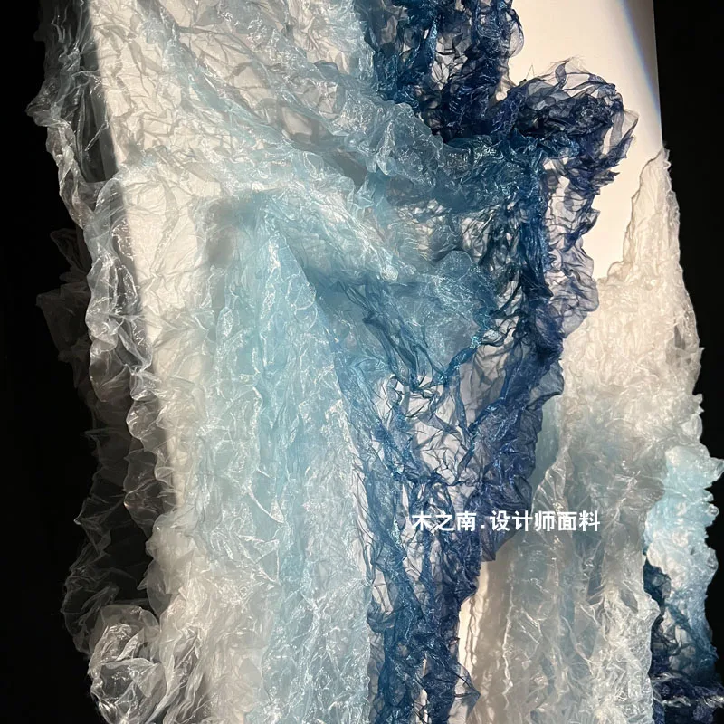 Blue Gradient Transparent Crushed Mesh Fabric Wedding Background Decoration DIY Fashion Designer Sewing Material Wholesale Cloth