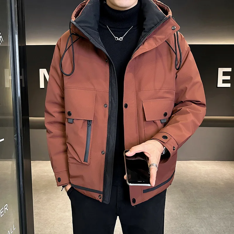 New Winter Men's Hooded White Duck Down Jackets Thickened Hooded Outdoor Down Padded Pockets Work Wear Parka Coats Man JK-123