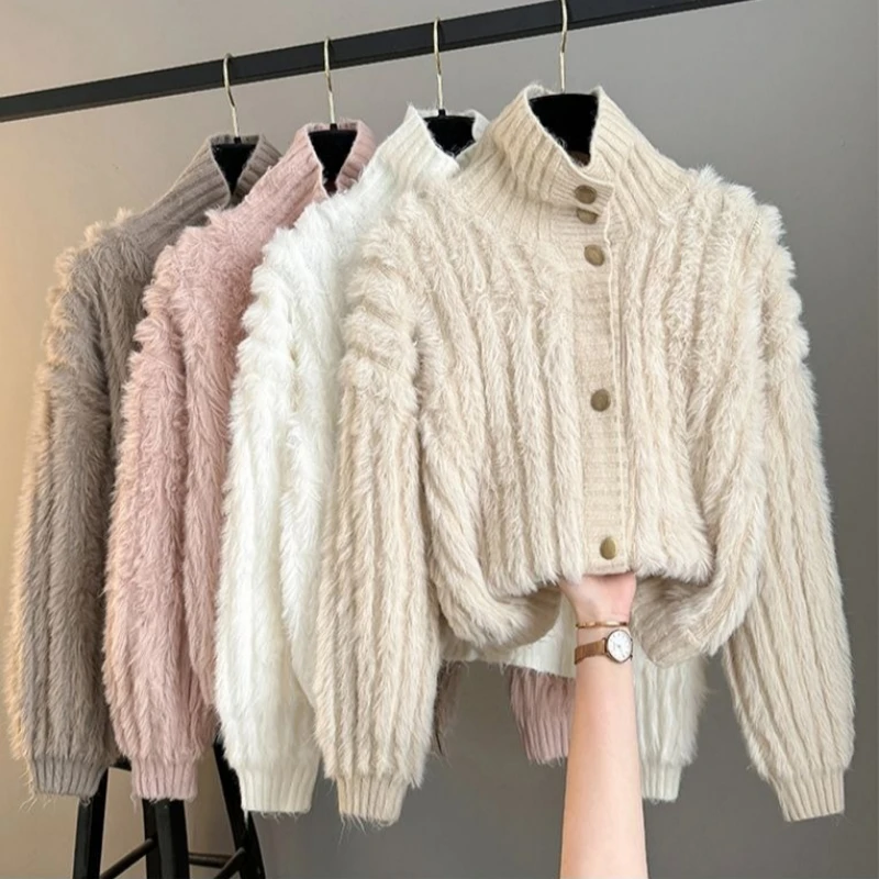 

Autumn Winter Coat Design Chic Outerwear New Women's Clothing Fluffy Jacket White Purple Pink Knitted Cardigan Lazy Sweater Soft