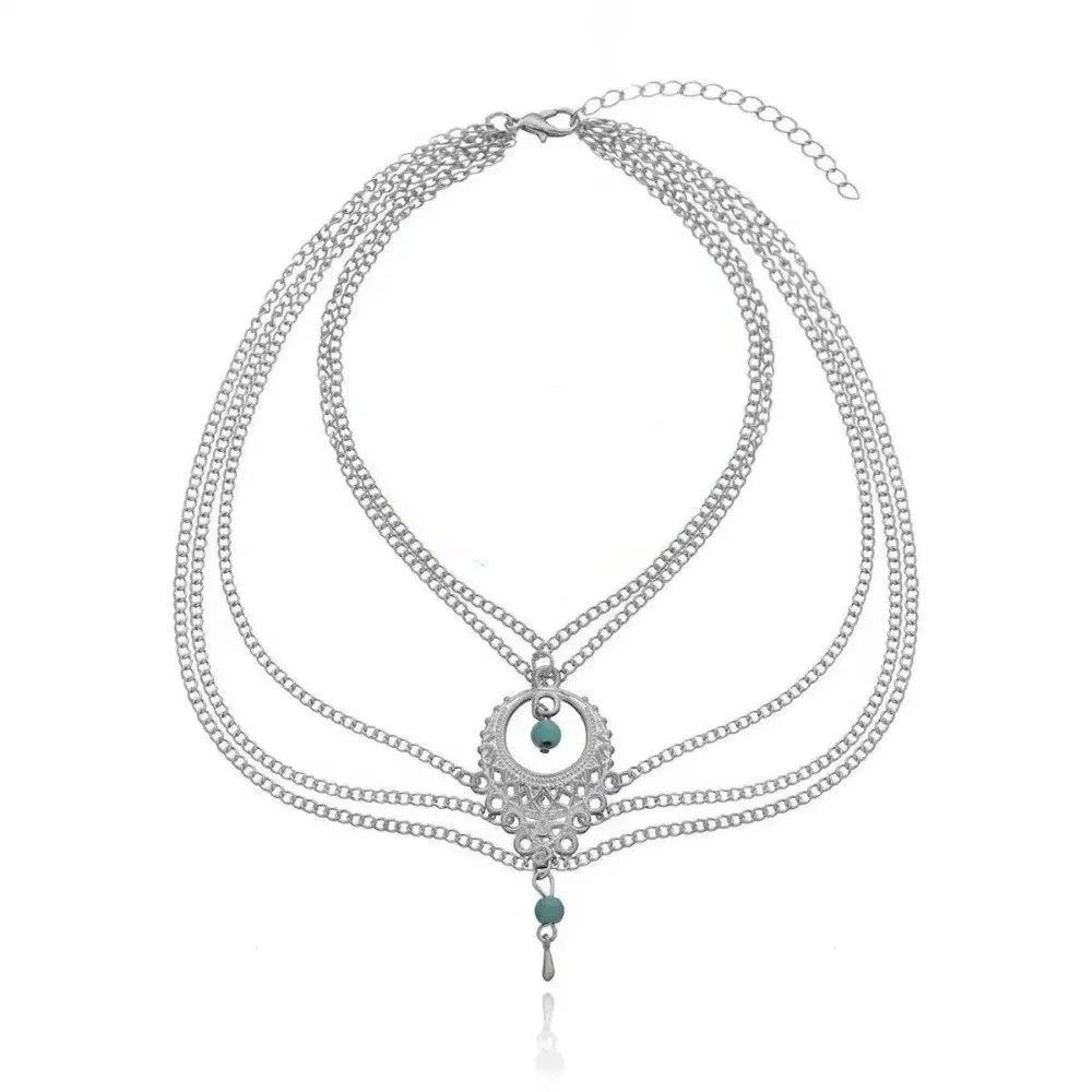 Casual Bohemian Style Hollow Anklet Retro Style Handmade Turquoise Foot Chain Stackable Adjustable Foot Jewelry Beach