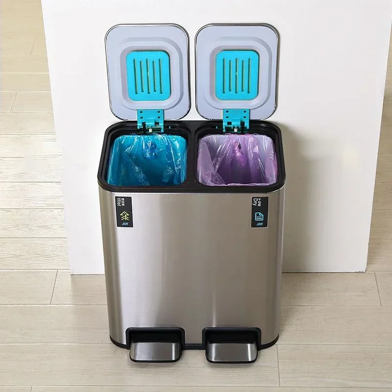 Trash Can 9L + 9L Lid Double Kitchen Large Trash Can Bathroom Bedroom Toilet Stainless Steel Trash Can with Pedal