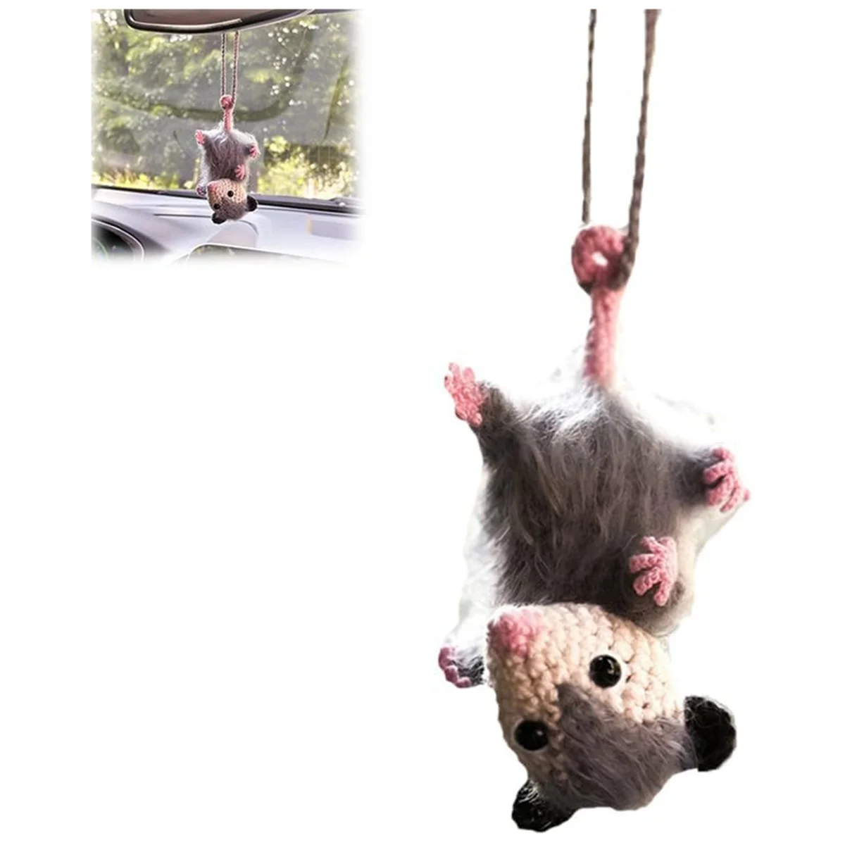 Opossum Car Pendant, Cute Possum Car Pendant, Handmade Possum Crochet Car Mirror Pendant Accessories Decoration