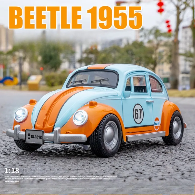 Symulacja 1/18 skala Beetle 1955 Vintage aluminiowy Model samochodu z dźwiękiem i światłem odlewana zabawka kolekcja pojazdów miniaturowy Voiture