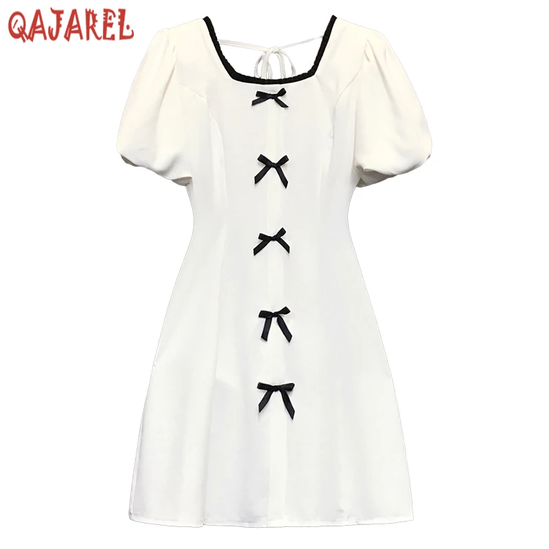 

Summer White Bow Ruffled Square Collar Sexy Mini Dress Women Black Korean Vintage Hepburn Dress 2024 Elegant Bodycon Casual Robe