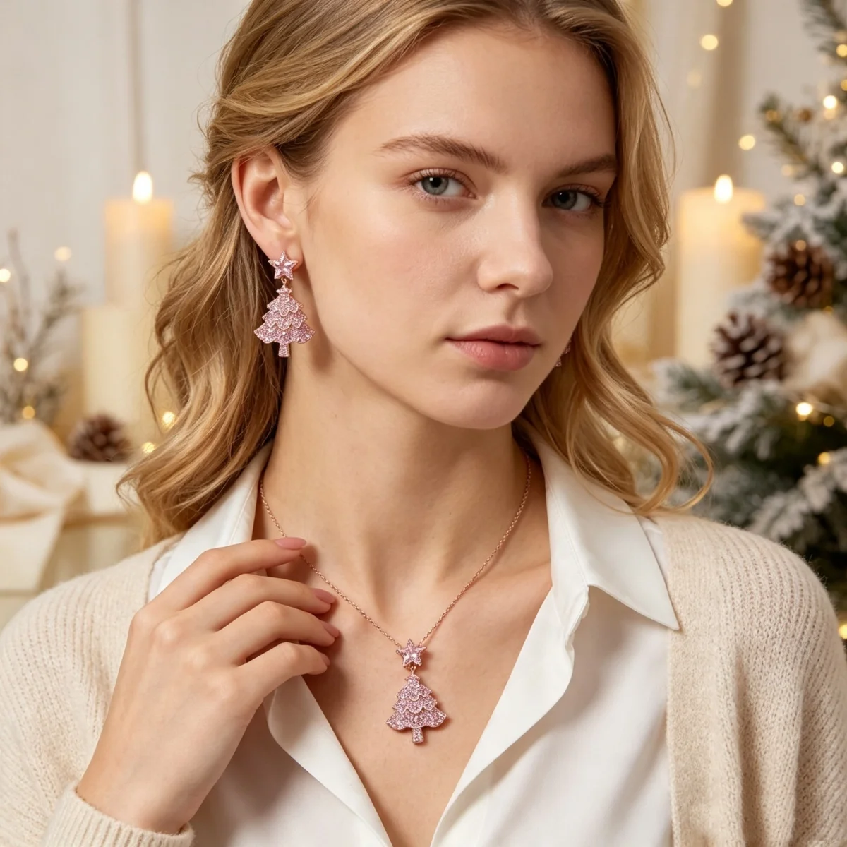 Glitzerndes, vollrosa Strass-Weihnachtsbaum-Halsketten- und Ohrring-Set für Damen, zartes, süßes Stern-Weihnachtsbaum-Schmuckset für Neujahr. – Detail 11