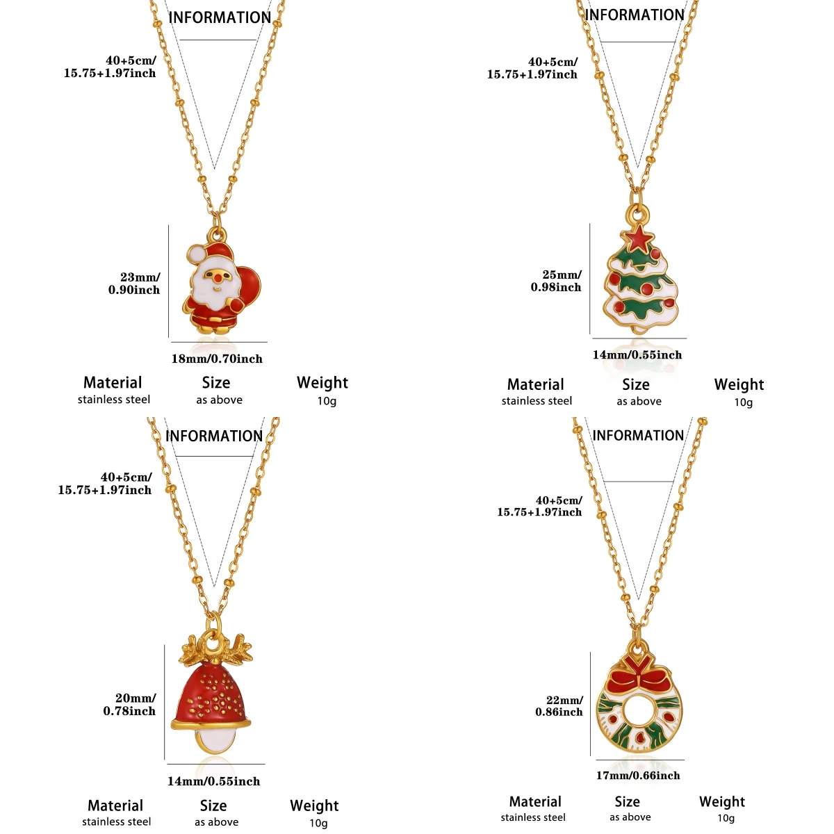 Bunte Emaille-Weihnachtsbaum-Santa-Anhänger-Halskette für Damen, goldfarbene Edelstahlkette, Winter-Feiertags-Party-Schmuck – Detail 2