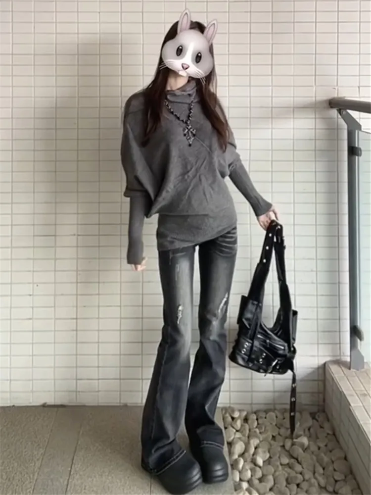 

American High Street Flared Jeans Women's Spring Autumn Low Waist Spicy Break Worn High Lengthened Design Sense Floor-Length ...