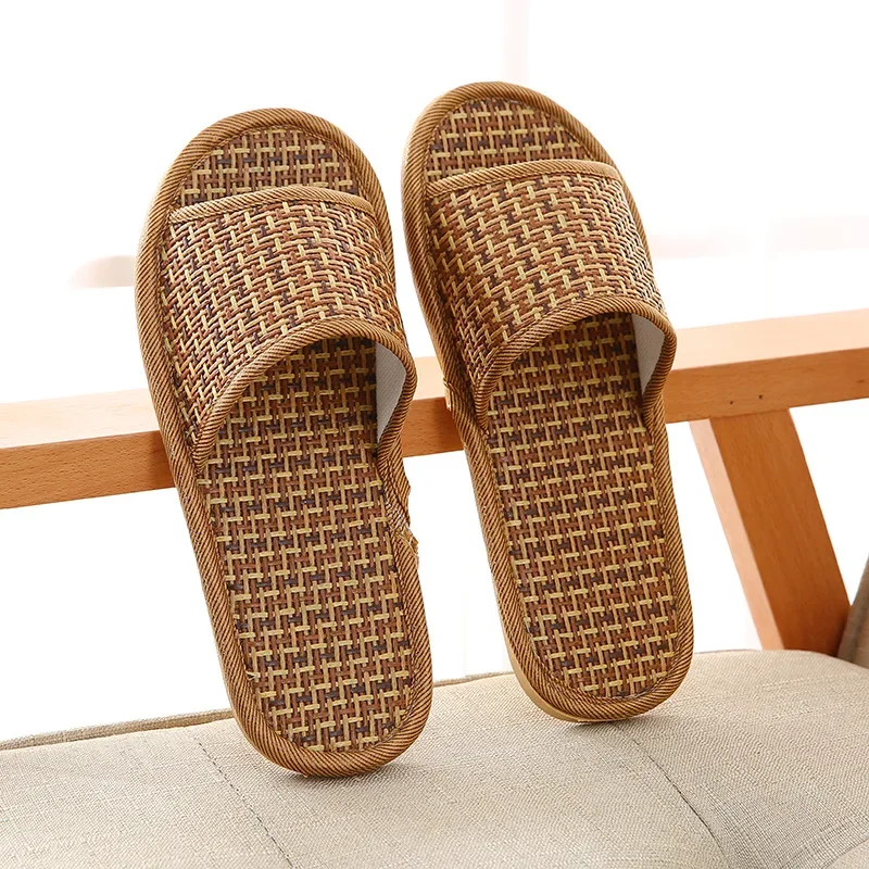 Spring and summer bamboo woven rattan and grass lovers straw mat slippers indoor wooden floor home linen slippers