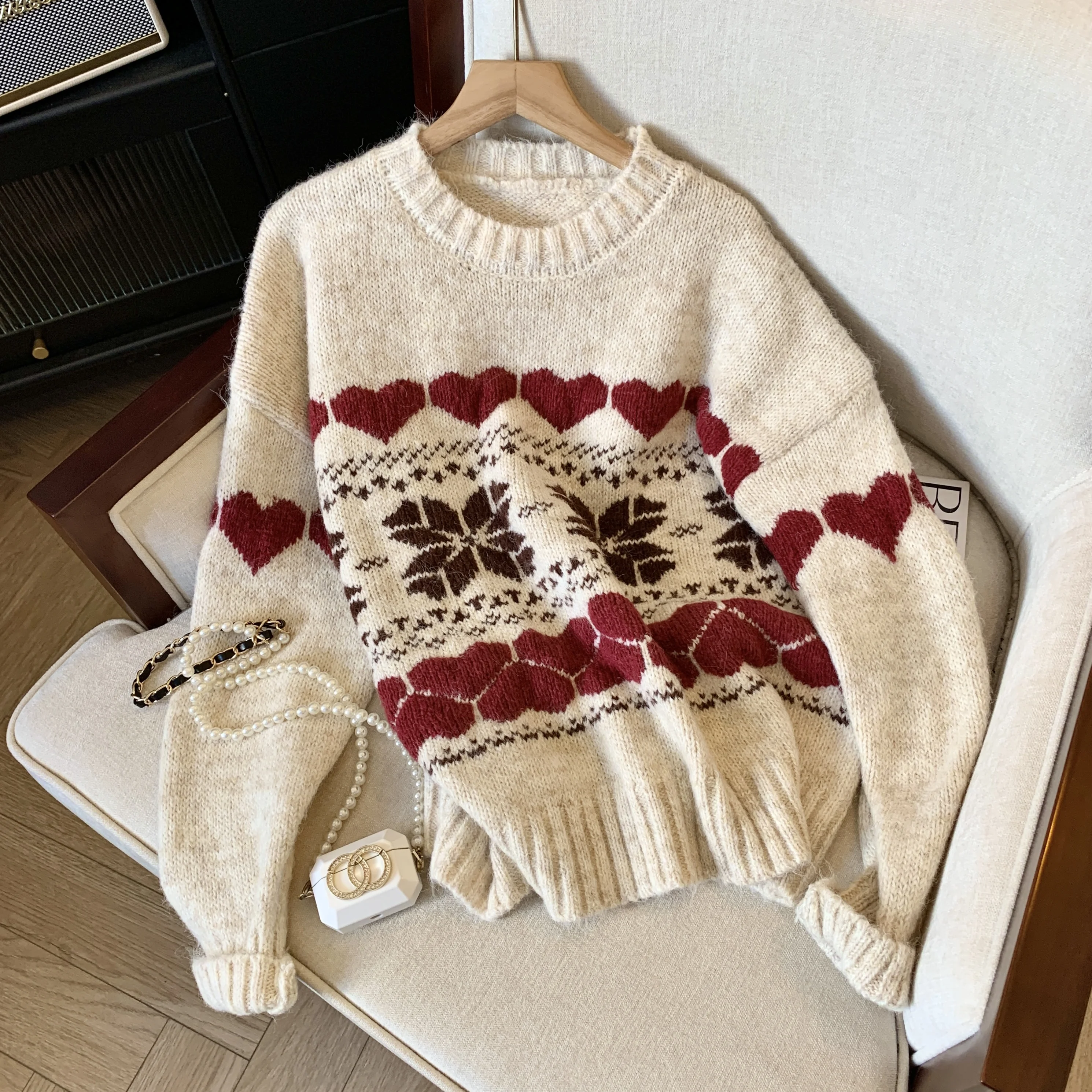 Women's Autumn Winter O-neck Long Sleeved Sweater Y2k Japanese 90s Aesthetics College 2000s Retro Warm Top Sweater 2024 Clothing