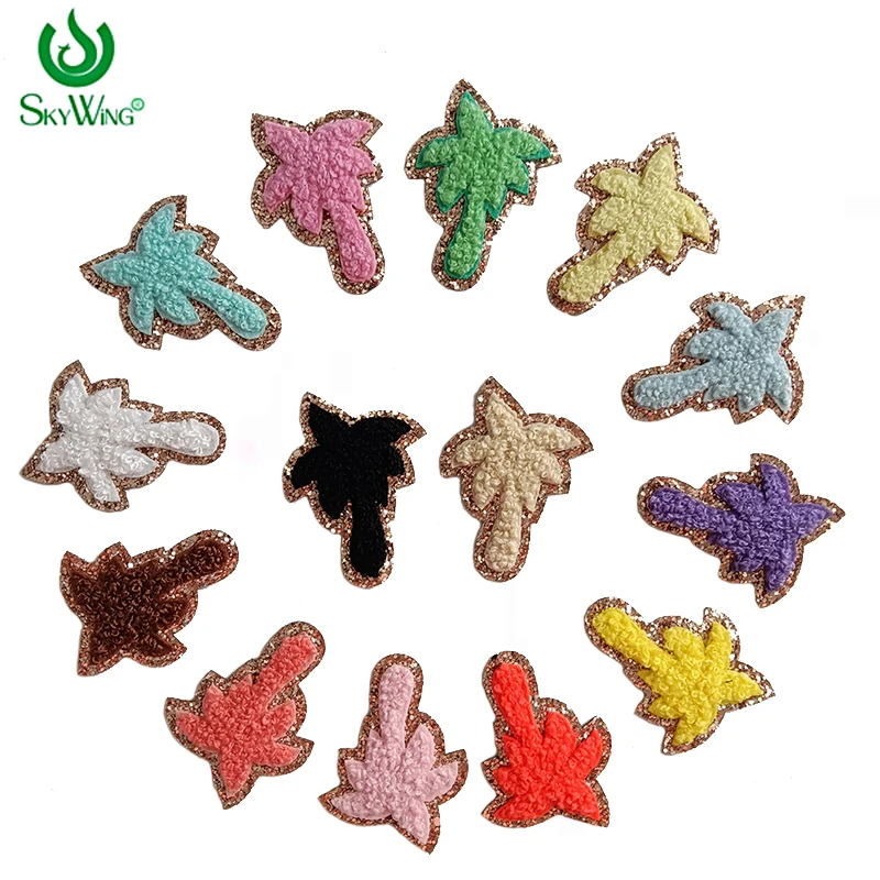 Wholesale Embroidery Multiple Color Options Chenille Coconut Palm Tree Gold Glitter Iron on Patches for Bags T Shirt DIY