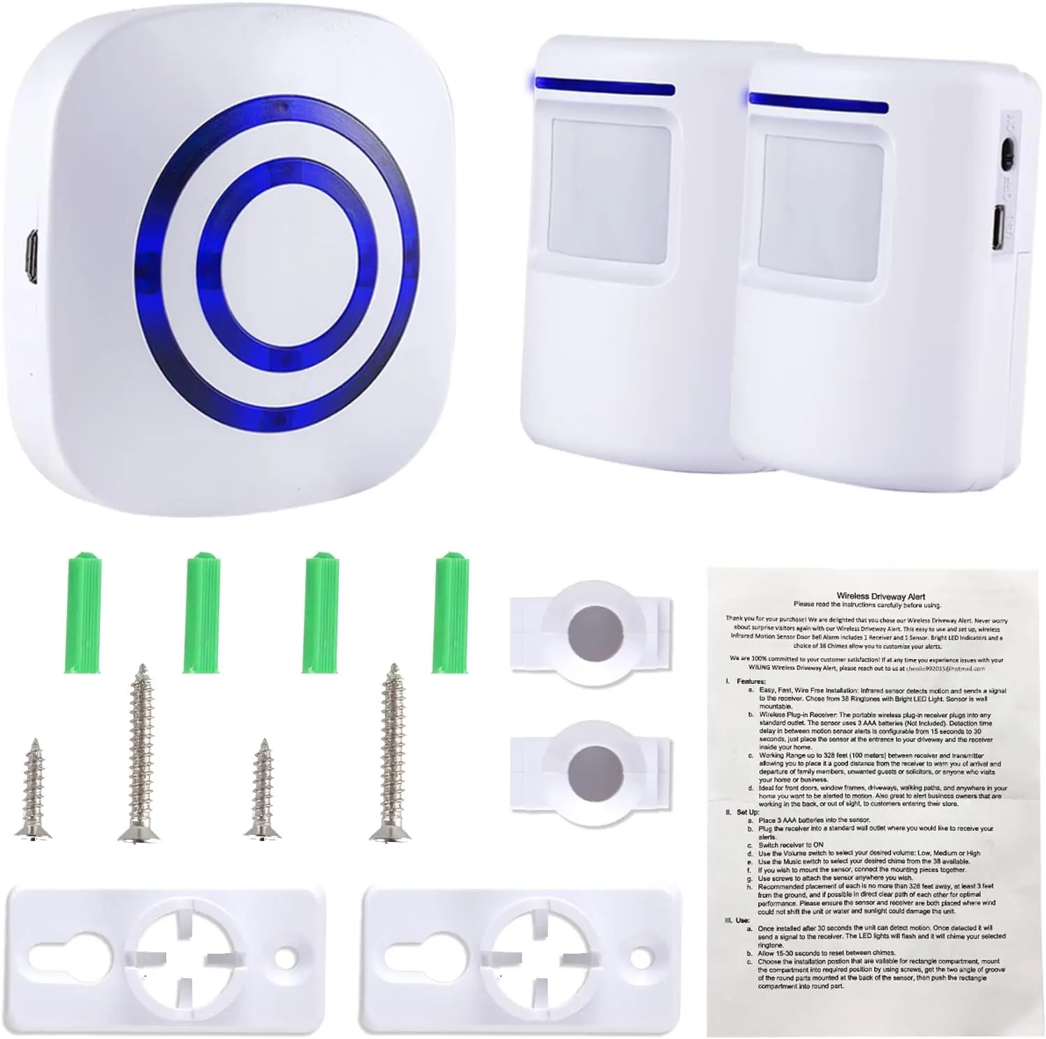 Motion Sensor Alert Alarm Detector, Home Security Visitor Door Entry Chime Wireless Doorbell with PIR Sensor System Kit