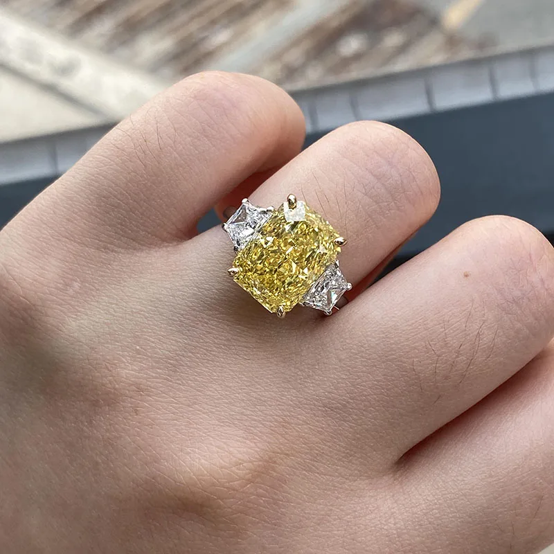 14k Two Tone Gold 6Ct VS VVS2 Yellow Radiant Cut Lab Grown Diamond For Women Engagement Three Stones Ring
