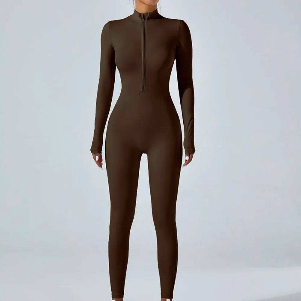 New nude zipper long sleeved yoga jumpsuit, high-intensity fitness and sports integrated jumpsuit tight fitting yoga suit