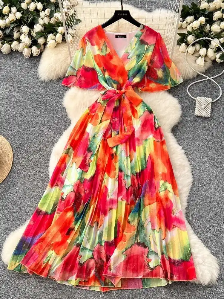 Mulheres elegante impresso vestido floral verão sexy com decote em v manga alargada chiffon vestidos longos senhoras magro bandagem longo robe vestidos