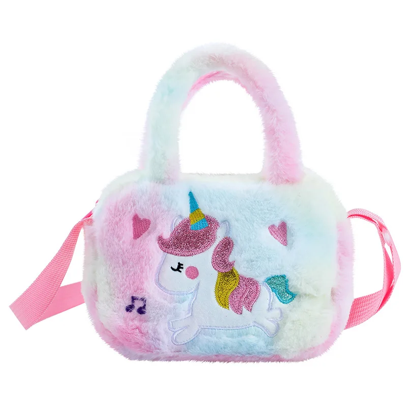 Kids Embroidery Unicorn Plush Toy Crossbody Purses Handbags Little Girls Rainbow Fluffy Purse Cute Cartoon Furry Shoulder Bag