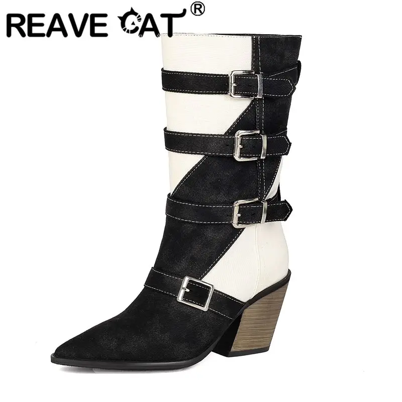 REAVE CAT 2026 Women Mid Calf Boots Pointed Toe 8cm Chunky Heel Slip On Belt Buckles Mixed Color Big Size 41 42 43 Black Blue
