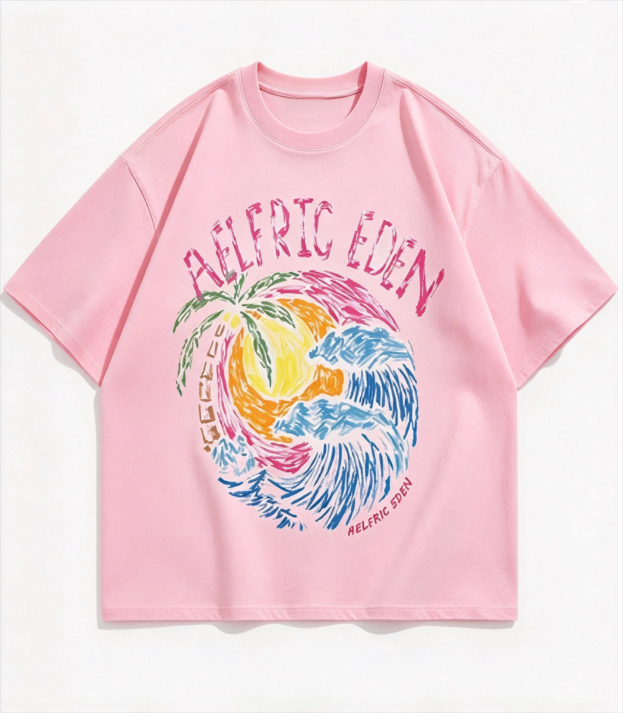 2026 Hand-drawn Tropical Island Wave Palm Tree Pattern Short-Sleeved T-Shirt, Summer Casual Streetwear Loose Top