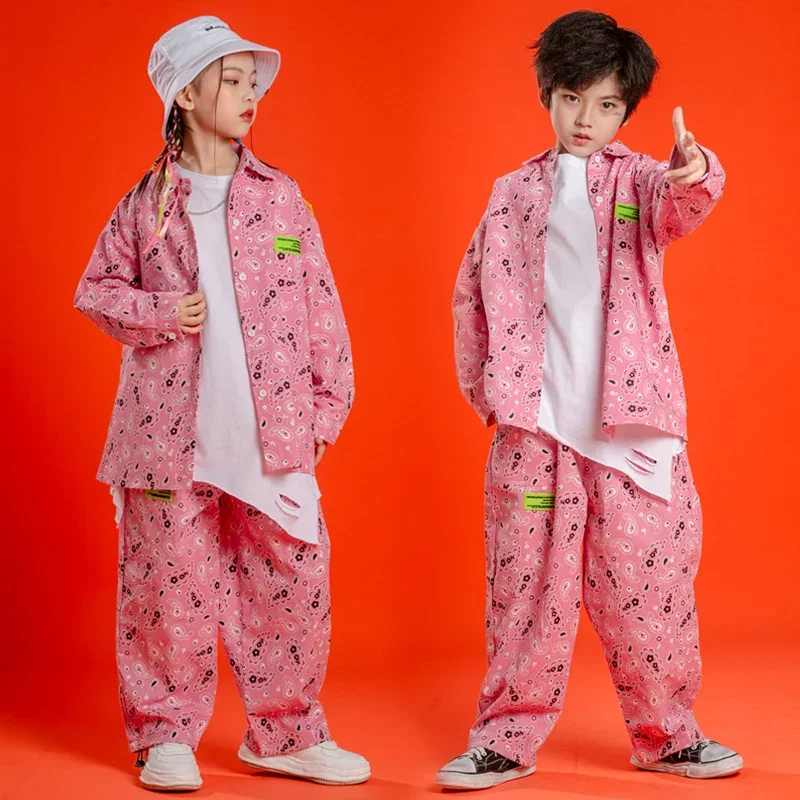 

Kids Carnival Kpop Outfits Clothing For Girls Boys Pink Oversized Jacket Tops Streetwear Pants Hip Hop Jazz Stage Wear Costumes