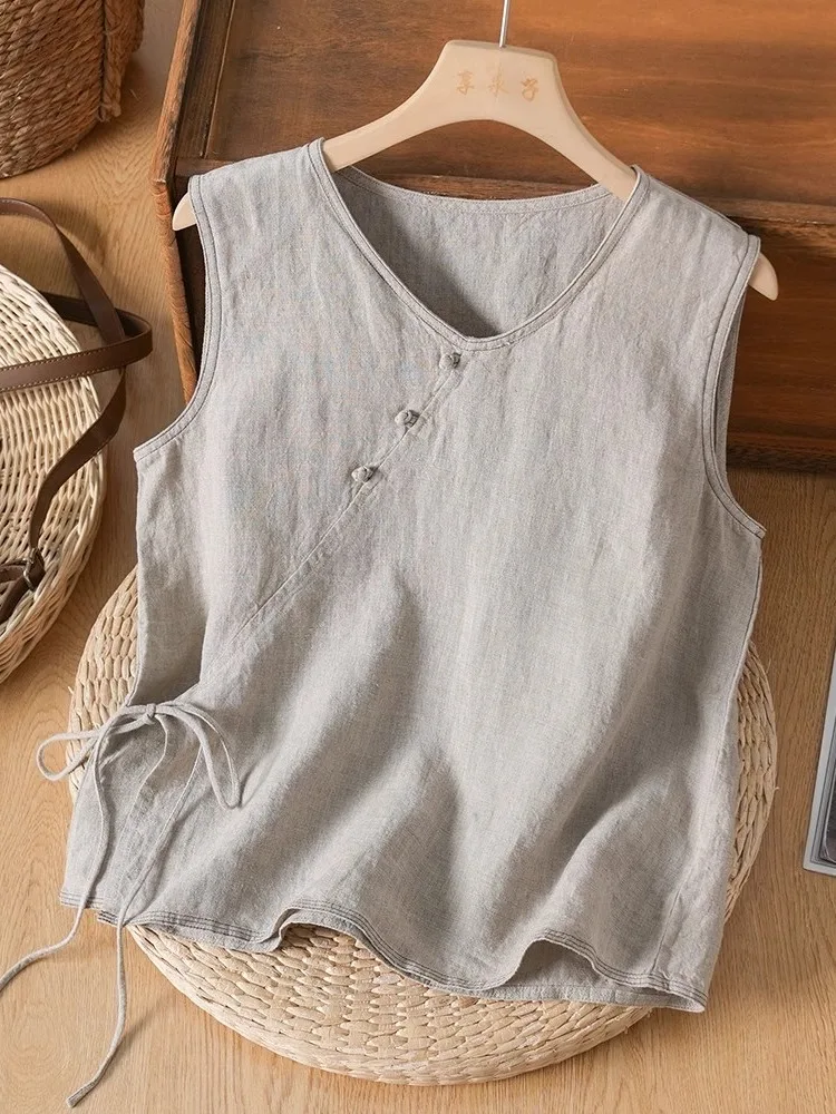 中国風ヴィンテージ綿麻ベスト レディース 夏 シンプル 薄手 スリムトップ ボタンタイ バルクロージング