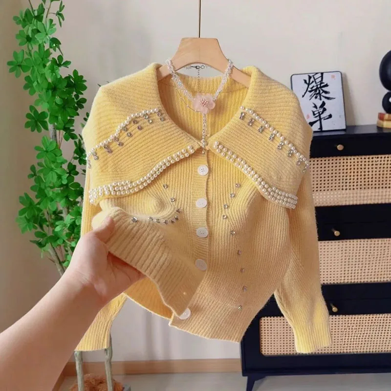 

Ladies New Sweater Cardigan Gentle Wind Sweet Long-Sleeved Sweater Women's Autumn Winter Design Unique Beaded Knit Cardigan Coat