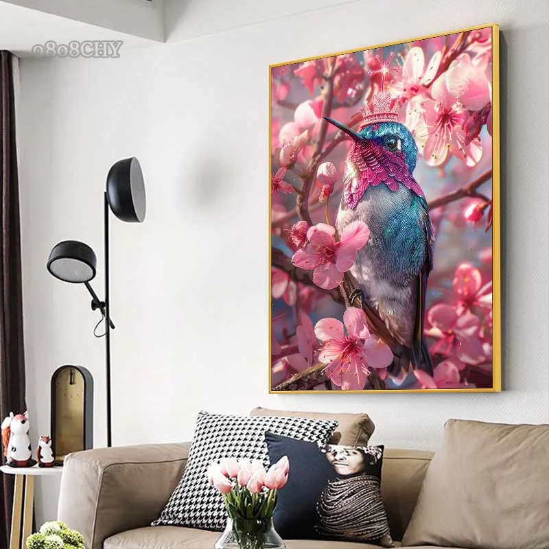Blue Hummingbird with Crown Flowers Canvas Painting HD Prints Poster Modern Beautiful Bird Wall Art Pictures for Home Decoration