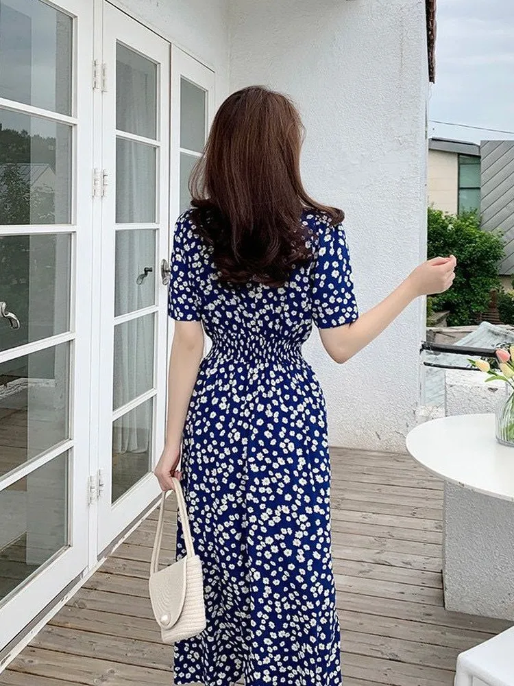 Daisy Floral Print Mujer Dr Cintura elástica Adelgazante Dulce Una línea Falda midi Cintura alta Fibra de poliéster Regular Sve