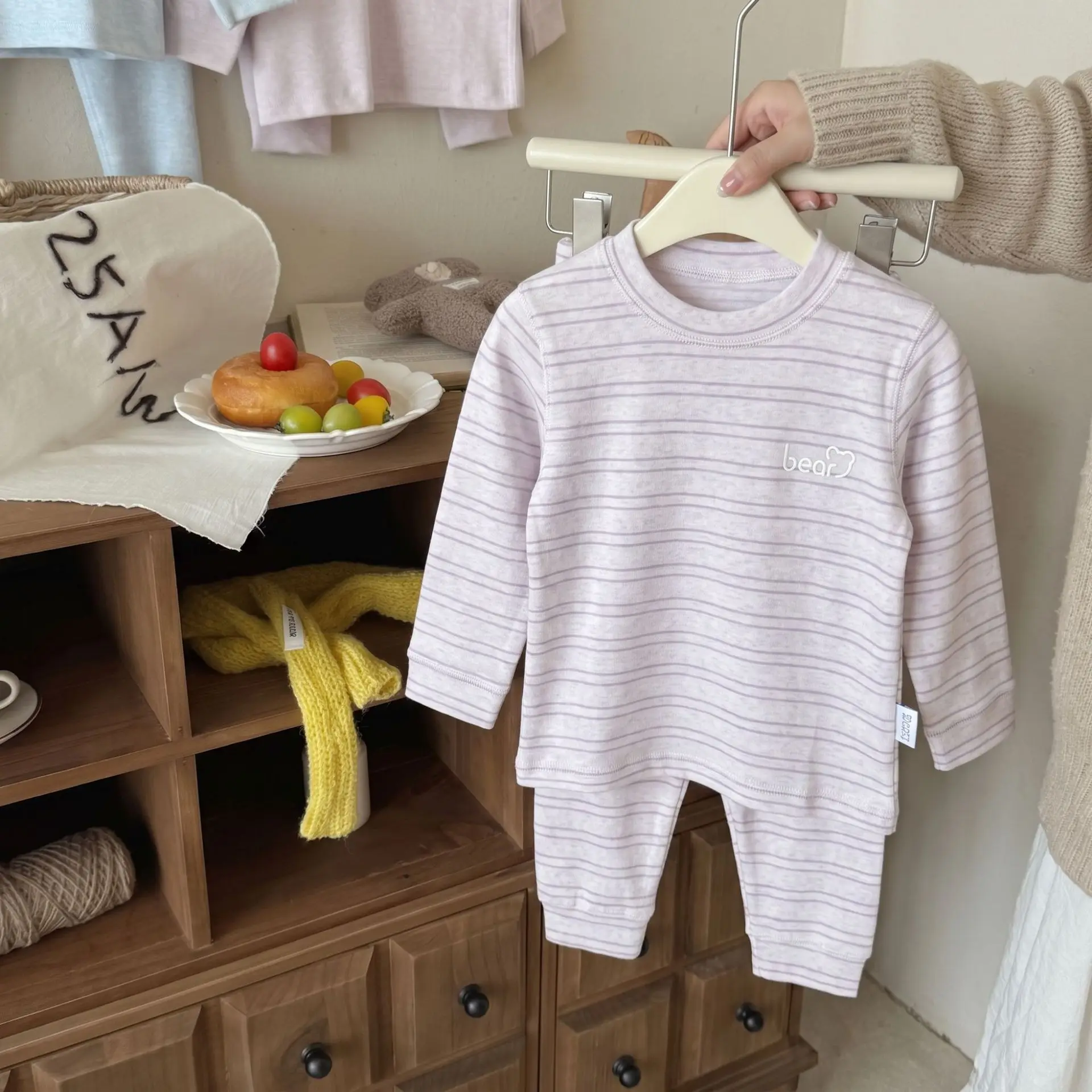 Children's sleepwear set, pure cotton autumn clothes, autumn underwear, men's and women's comfortable velvet pullover, thick com