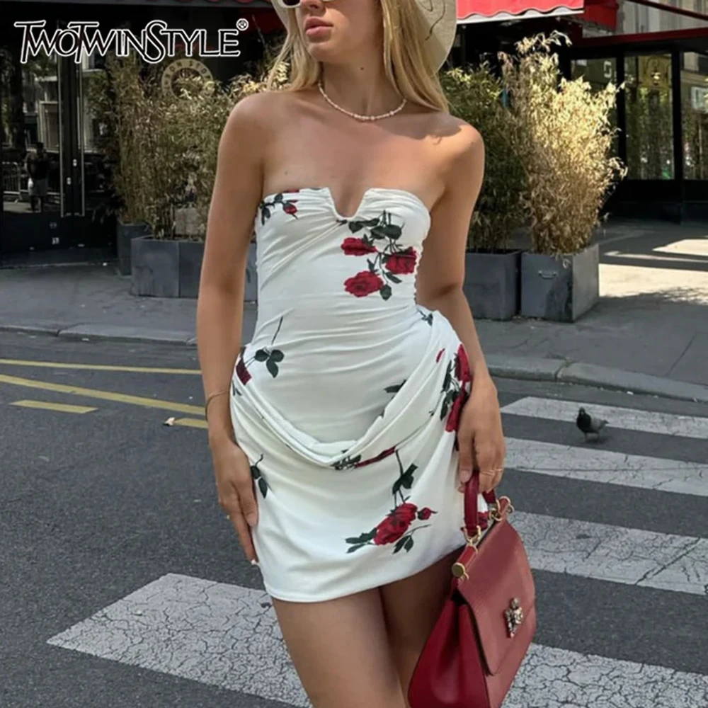 

TWOTWINSTYLE однотонные утягивающие платья с принтом для женщин, лоскутное платье без бретелек без рукавов со складками, женская одежда, новинка