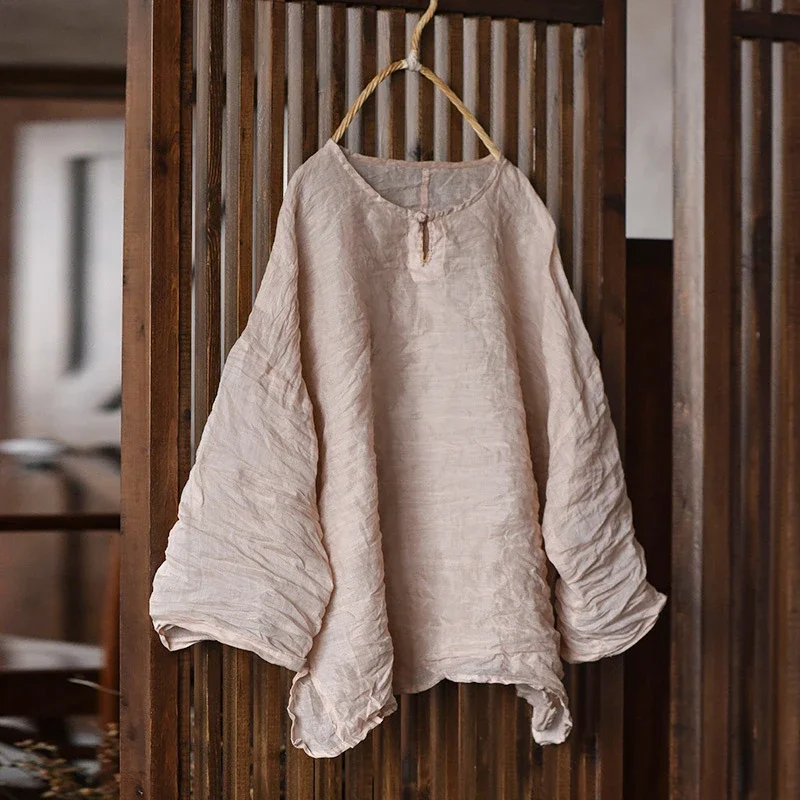 

Новое поступление, лето 2025 года, винтажный стиль, однотонные свободные женские повседневные топы с круглым вырезом, футболки M785, женские футболки Ramie с длинными рукавами