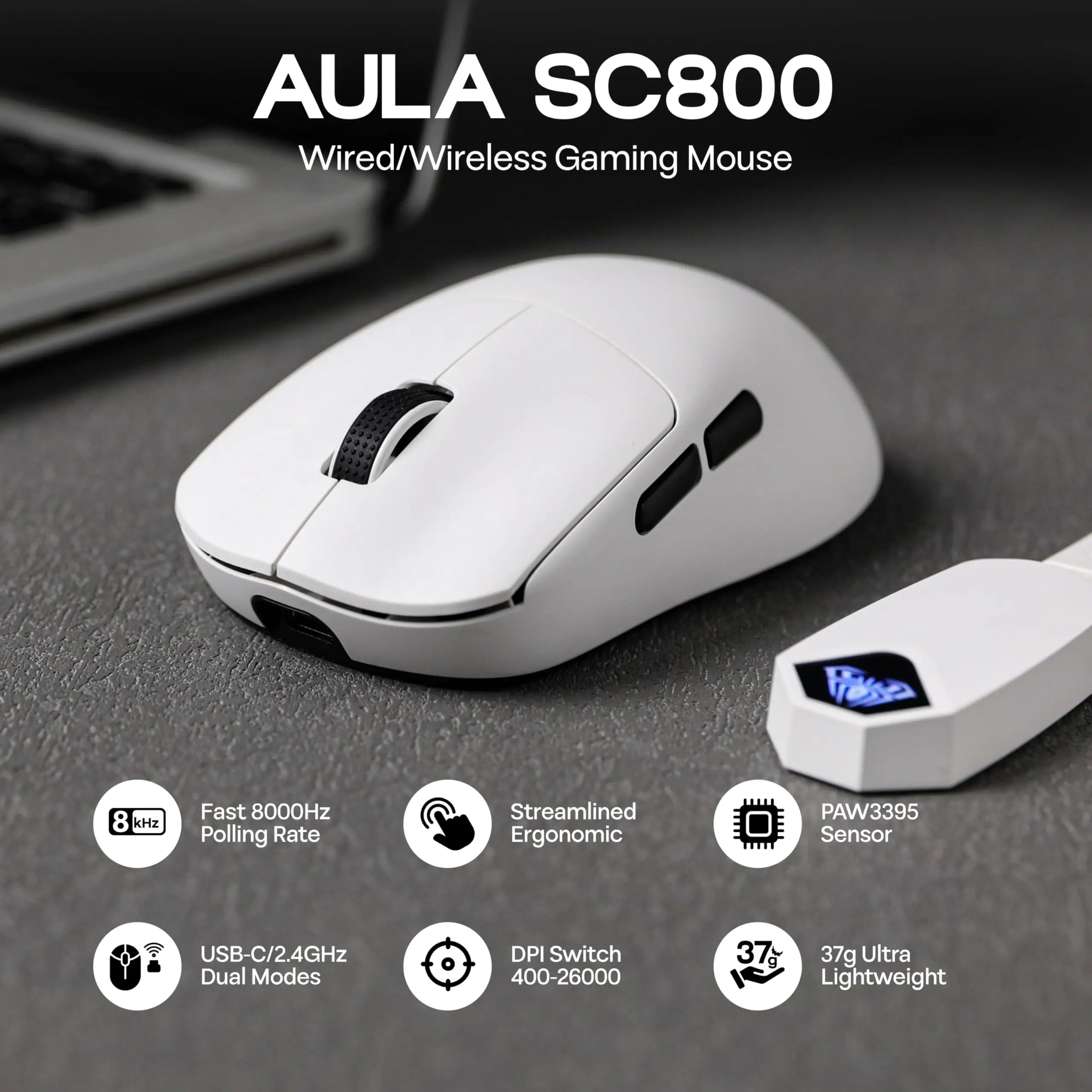 

Игровая мышь для киберспорта AULA SC800 с регулируемым датчиком PAW3395 26000 точек на дюйм, 8,000 скорость опрокидывания, двухрежимная беспроводная легкая мышь