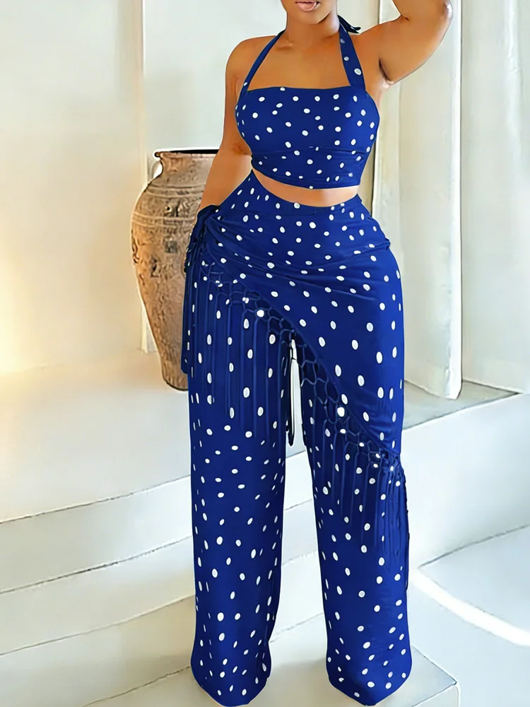 

Chic Retro Polka Dot 3 Pieces Outfit for Women 2026 Summer Fashion Sexy Halter Crop Top and Tassel Wide Leg Pants Matching Sets