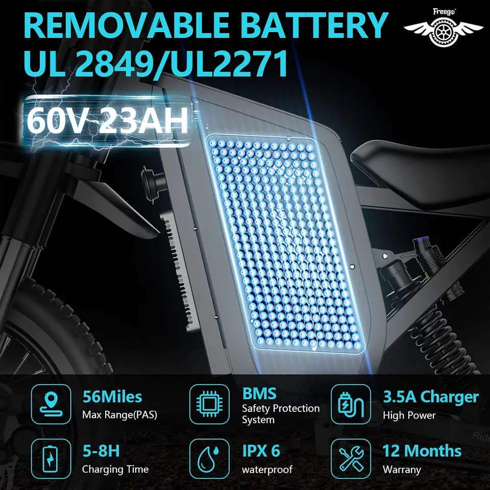 Freego X0 Electric Dirt Bike 3600W Motor 60V 23Ah Battery, X0 Electric Motorcycle 14"/10" Tire Electric Motorcycle 40MPH E-Bike image 5