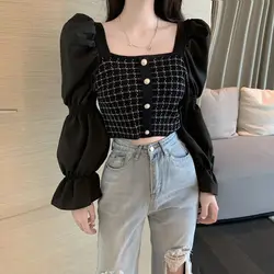 Vintage Knitting Patchwork Short Blouse Spring Autumn Long Sleeve Slim Contrast Korean Shirt Tops Fashion Sweet Women Clothing