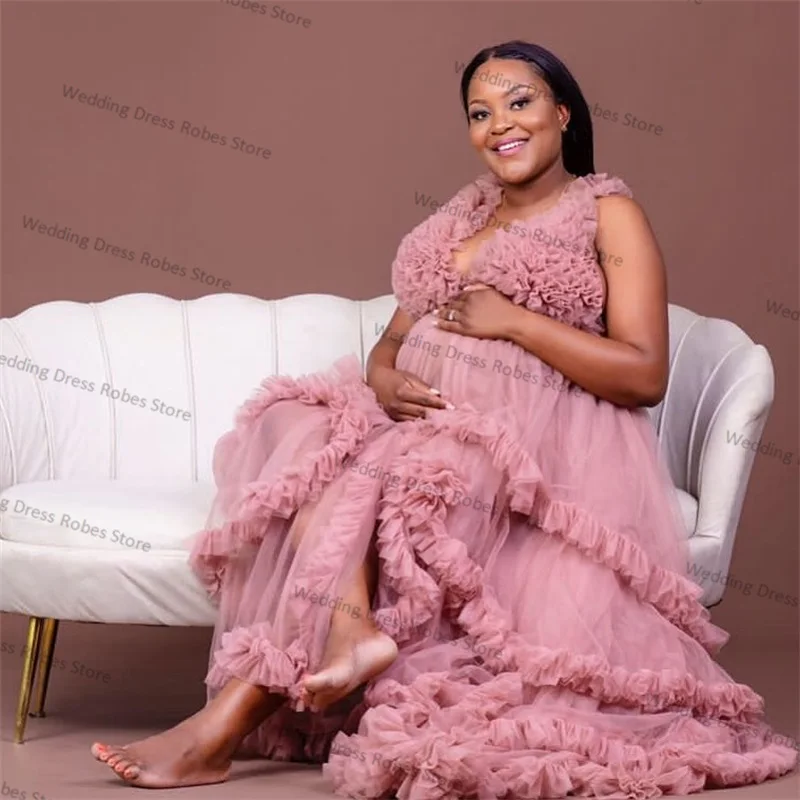 

Pink Tulle Women Maternity Dresses for Photo Shoot Robe Sleeveless Ruffles Tulle Mesh Pregnant Sleepwear Custom Made Prom Dress