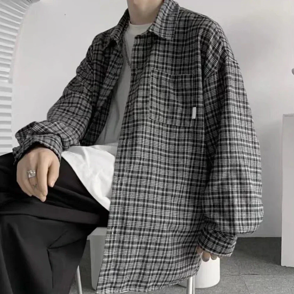 

2XL Mens Plaid Shirt Lapel Shirt All Seasons Buttoned Closure Long Sleeves Polyester Fabric Shirt For Daily Wear