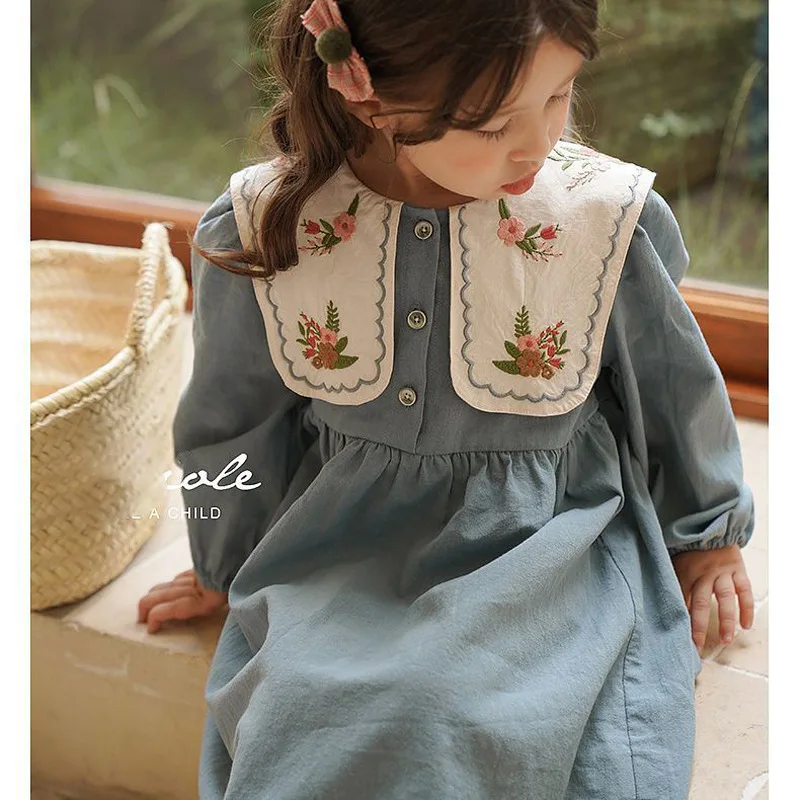 2024Spring Girls' New Large Lapel Embroidered Skirt Sweet Graceful Mori Baby Dress