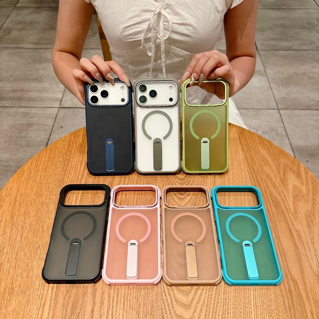 

For iPhone 17 16 15 14 13 12 11 Air Pro Max Plus Case Frosted Color Dyed Magsafe Anti-Drop Airbag Corners Metal Stand Cover