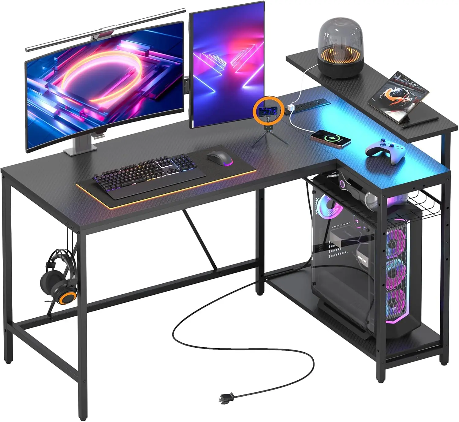 

52" Gaming Desk with Integrated Power Outlet & USB Ports, L-Shaped Computer Desk with LED Strip & Headp e Hooks, Perfec