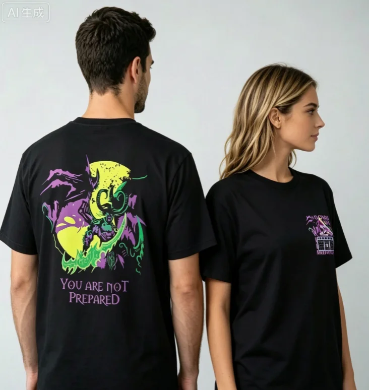 2026 new Men's and Women's Black Two-Sided Pattern T-Shirt  Warrior Style - Moon Mountain Print Letter Design - Extra Large Size