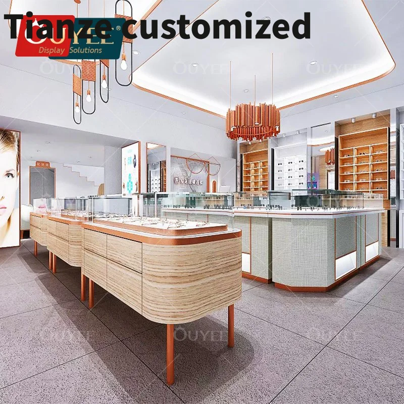 Customized-fashion retail sunglasses wall display with storage base drawer eyewear store optical shop interior design