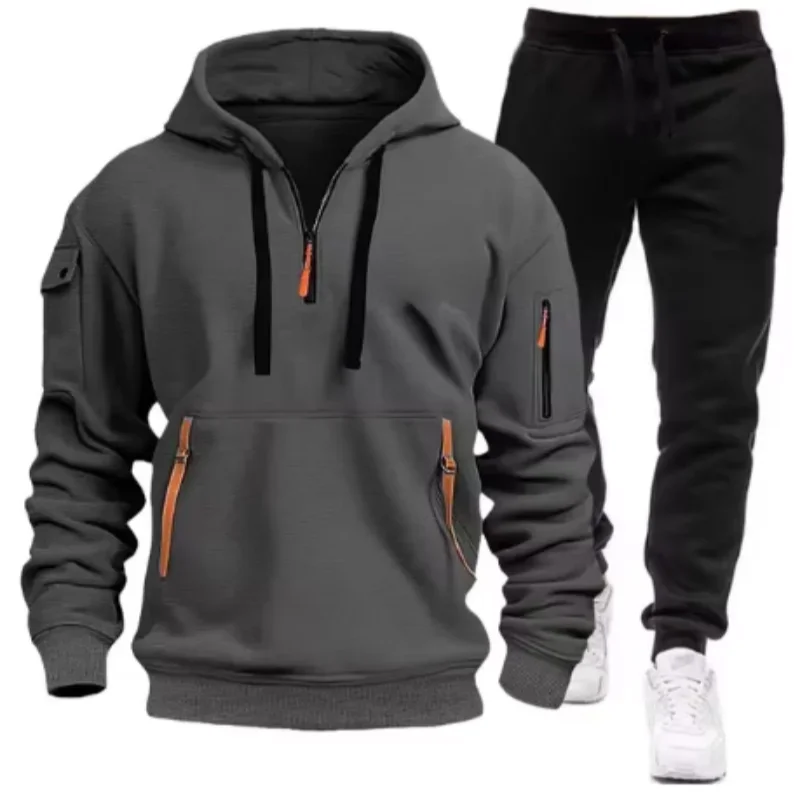 2024 Otoño/Invierno nueva moda para hombres Casual Multi bolsillo cremallera deportes Sudadera con capucha conjunto Color sólido cómodo conjunto de dos piezas