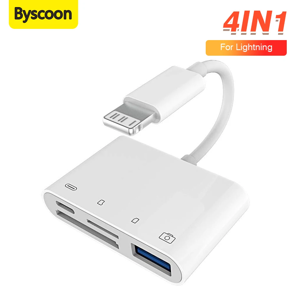 Byscoon 4in1 Lighting to SD TF Card Reader for iPhone 14 13 12 Pro Max iPad Charging Converter For iOS Card Reader OTG Adapter