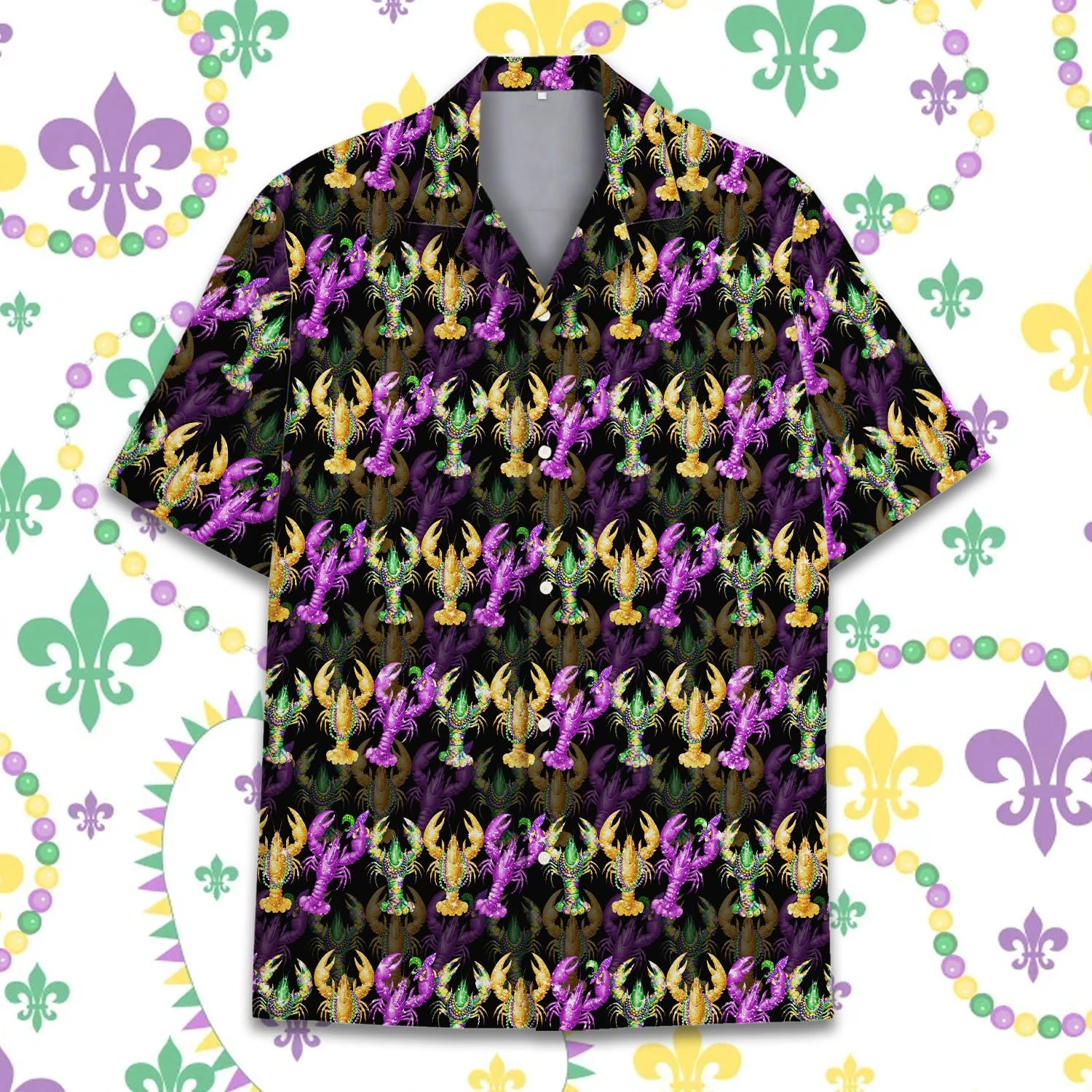 

Mardi Gras Skull Hawaiian Shirt, Purple Jester Masquerade Costume Top, Carnival Party Beads & Skeleton Shirt Lobster Tops