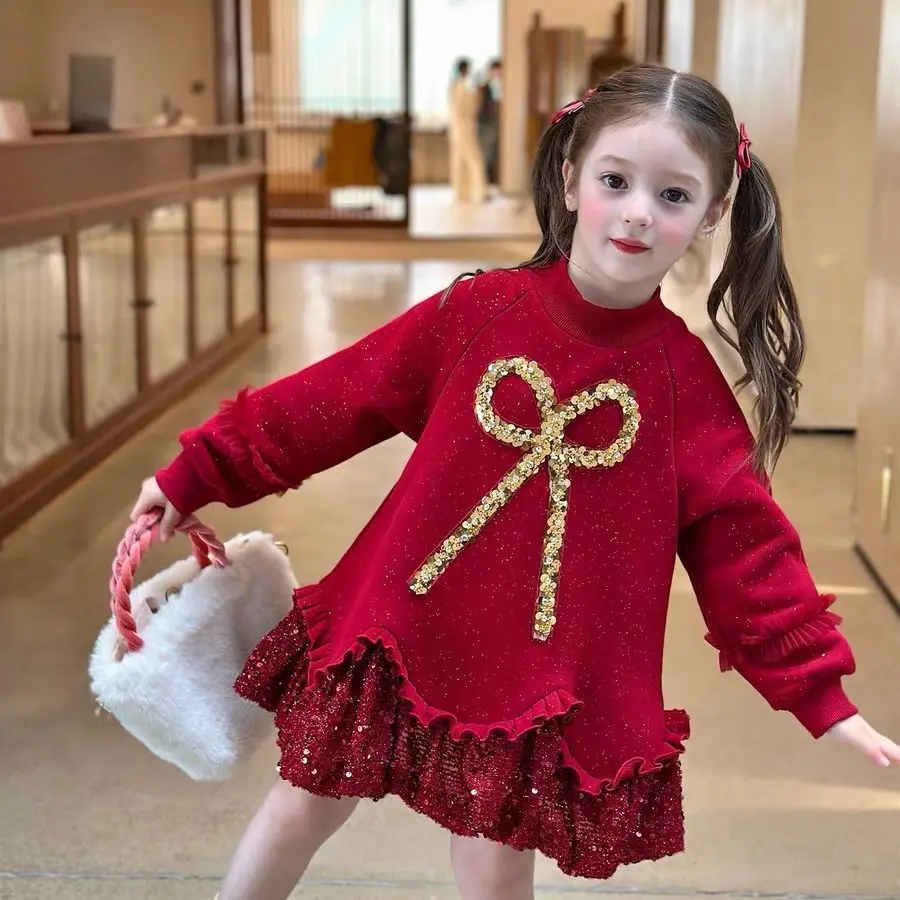 

Girls' Velvet Dress Autumn/Winter New Style Red Western New Year Children's Sparkling Dress 100-160cm