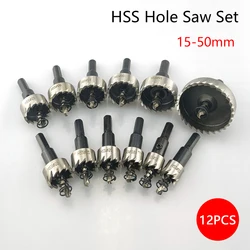 High Speed HSS Hole Saw Set, Broca, Coroa De Perfuração, Liga De Metal, Aço Inoxidável, Ferramenta De Corte De Madeira, 12 Pcs, 15-50mm