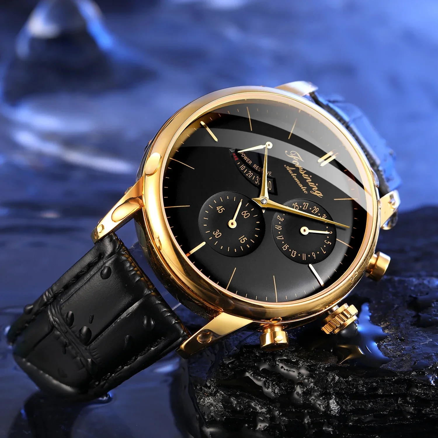 FORSINNG Simple Wind Nail Scale Mechanical Watch Mechanical Movement Watch Men's Black Gold Circular Belt Watch